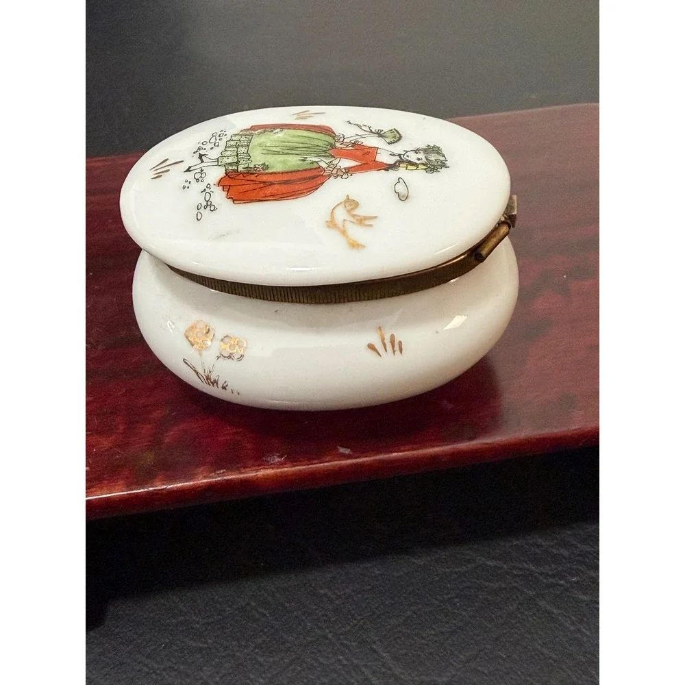 Japan Porcelain Hinged Trinket Box Hand Painted Victorian Crinoline Lady Fan VTG